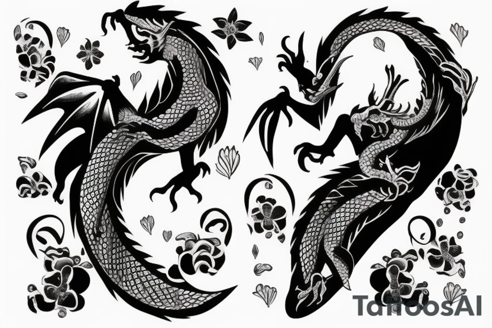 Dragon with flowers and a moon wrist sleeve tattoo idea
