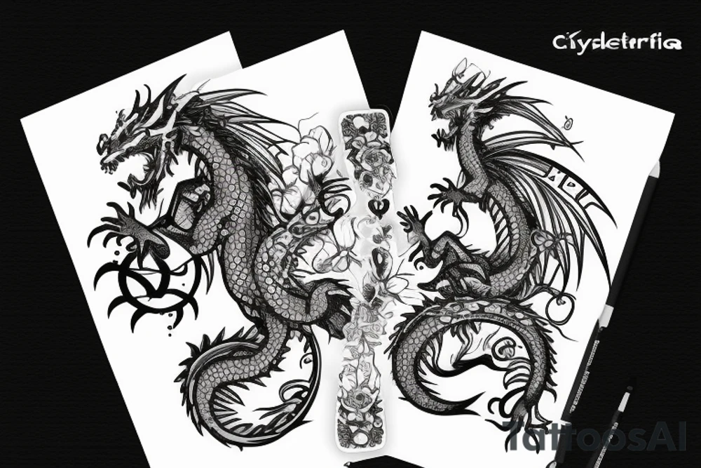 Dragon with flowers and a moon wrist sleeve with text text that says “CYBERIA” tattoo idea
