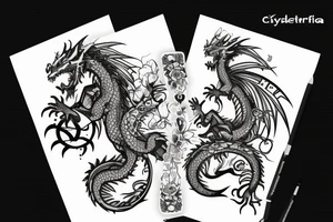 Dragon with flowers and a moon wrist sleeve with text text that says “CYBERIA” tattoo idea