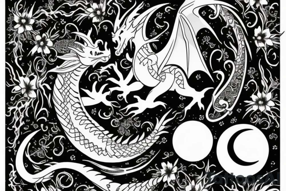 Dragon with flowers and a moon wrist sleeve with text text that says “CYBERIA” tattoo idea