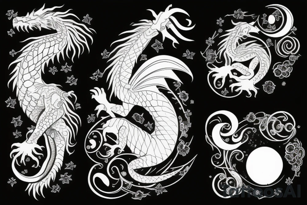Dragon with flowers and a moon wrist sleeve with text text that says “CYBERIA” tattoo idea
