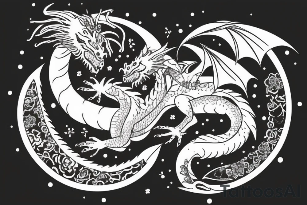 Dragon with flowers and a moon wrist sleeve with text text that says “CYBERIA” tattoo idea