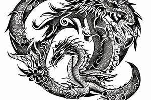 Dragon with flowers and a moon wrist sleeve with text text that says “CYBERIA” tattoo idea