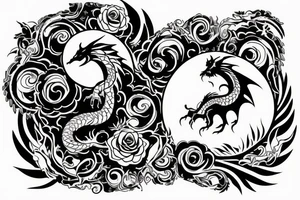 Dragon with flowers and a moon wrist sleeve with text text that says “CYBERIA” tattoo idea
