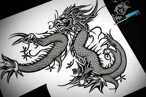 Dragon with flowers and a moon wrist sleeve with text text that says “CYBERIA” tattoo idea