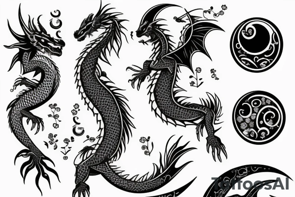 Dragon with flowers and a moon wrist sleeve tattoo idea