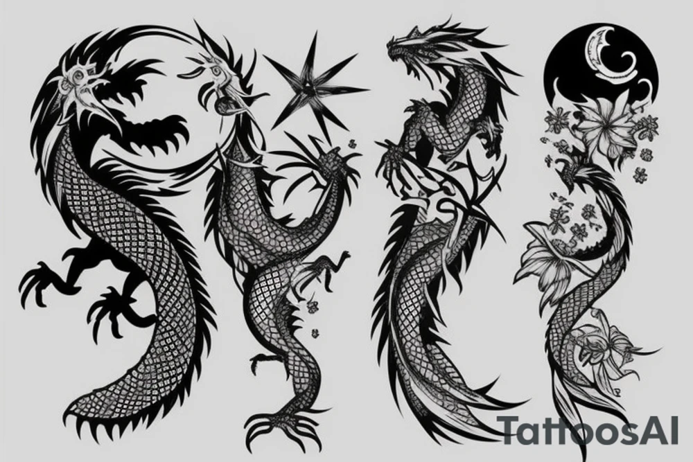 Dragon with flowers and a moon wrist sleeve tattoo idea