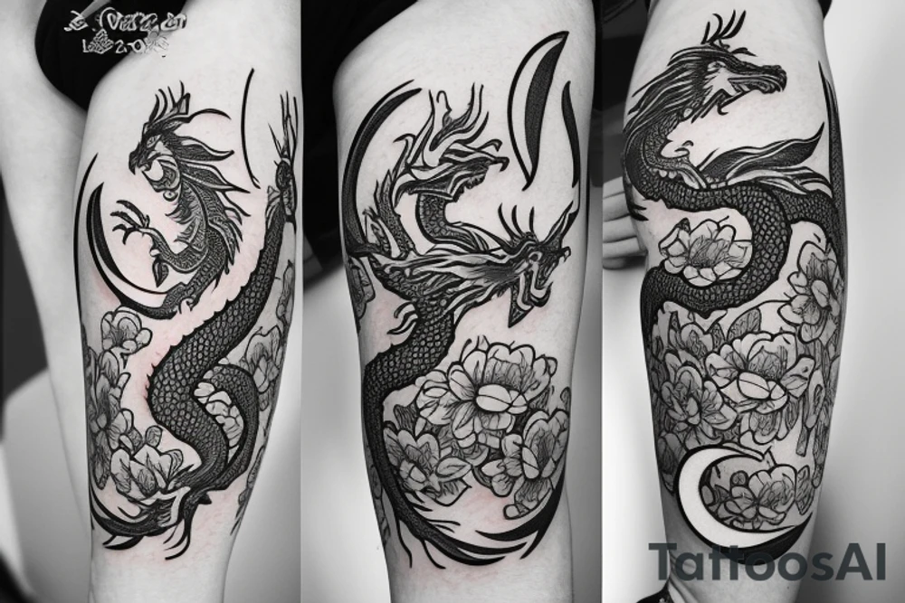 Dragon with flowers and a moon wrist sleeve tattoo idea