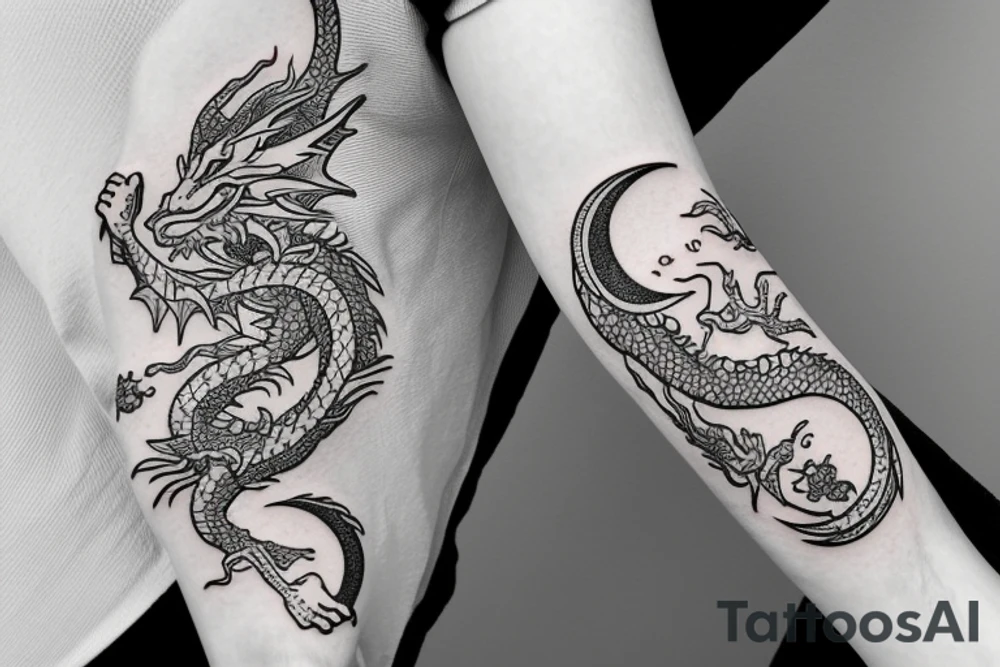 Dragon with flowers and a moon wrist sleeve tattoo idea