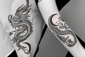 Dragon with flowers and a moon wrist sleeve tattoo idea