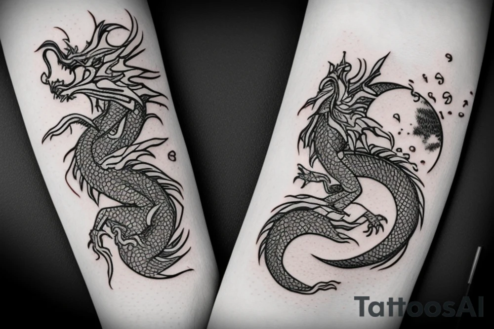 Dragon with flowers and a moon wrist sleeve tattoo idea
