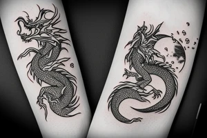 Dragon with flowers and a moon wrist sleeve tattoo idea