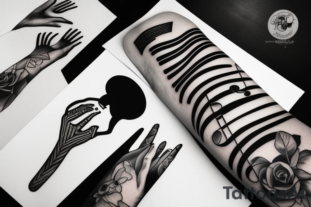 Grand piano and music themed arm sleeve tattoo idea