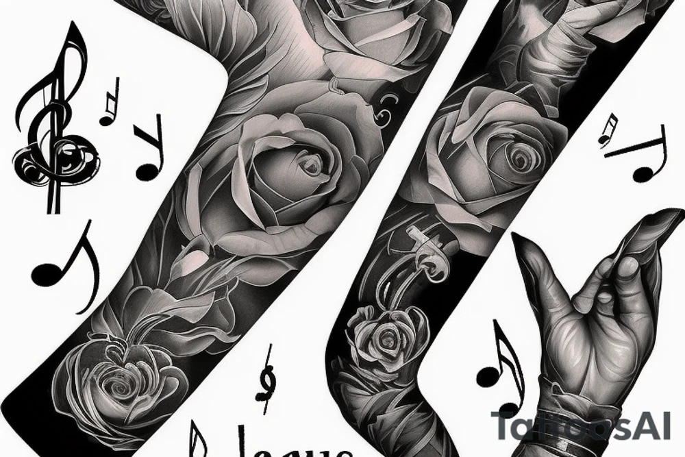 Grand piano and music themed arm sleeve tattoo idea