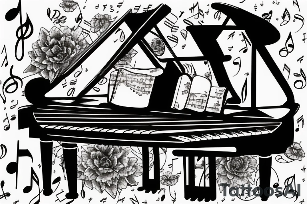 Grand piano and music themed arm sleeve tattoo idea