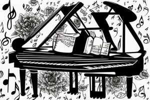 Grand piano and music themed arm sleeve tattoo idea