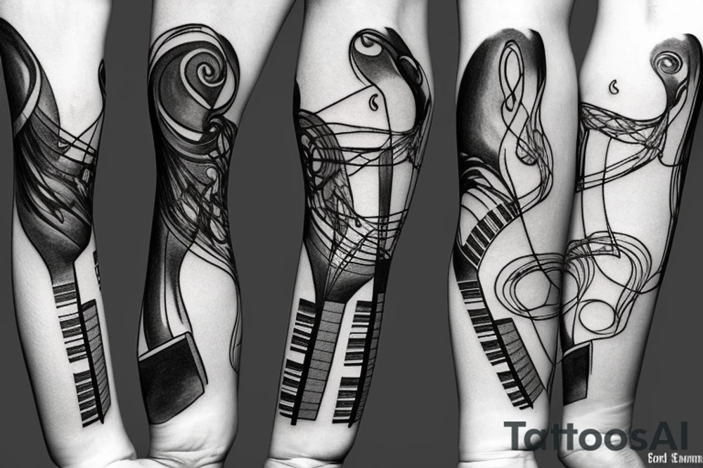 Grand piano and music themed arm sleeve tattoo idea