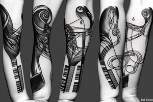 Grand piano and music themed arm sleeve tattoo idea