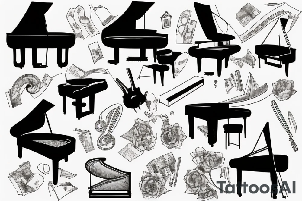 Grand piano and music themed arm sleeve tattoo idea