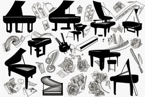 Grand piano and music themed arm sleeve tattoo idea