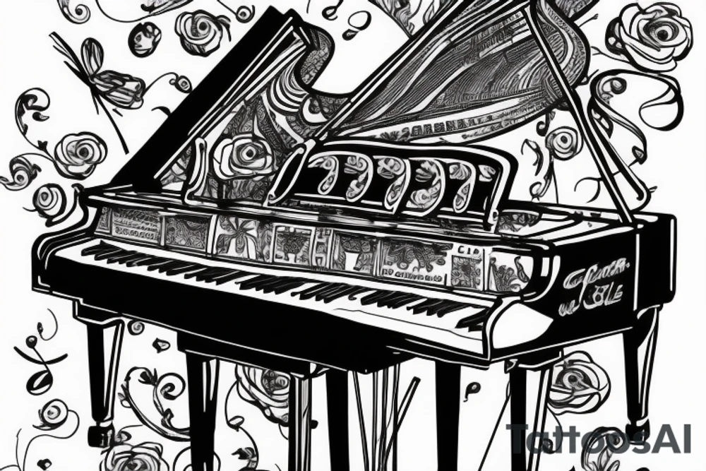 Grand piano and music themed arm sleeve tattoo idea