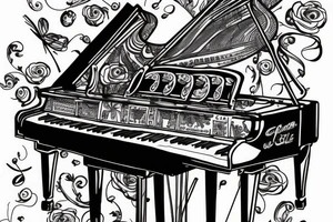 Grand piano and music themed arm sleeve tattoo idea