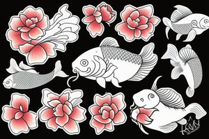 koi fish with flowers tattoo idea