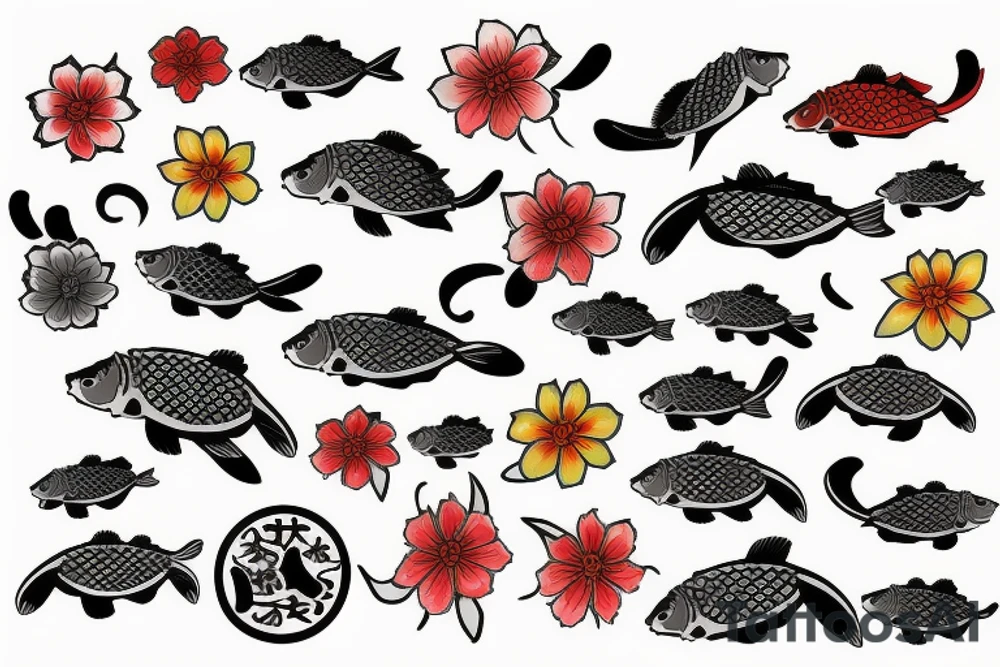 koi fish with flowers and turtles tattoo idea