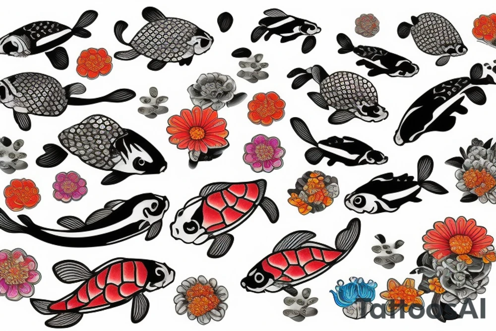 koi fish with flowers and turtles tattoo idea