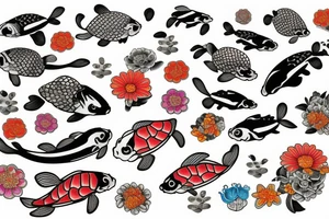koi fish with flowers and turtles tattoo idea