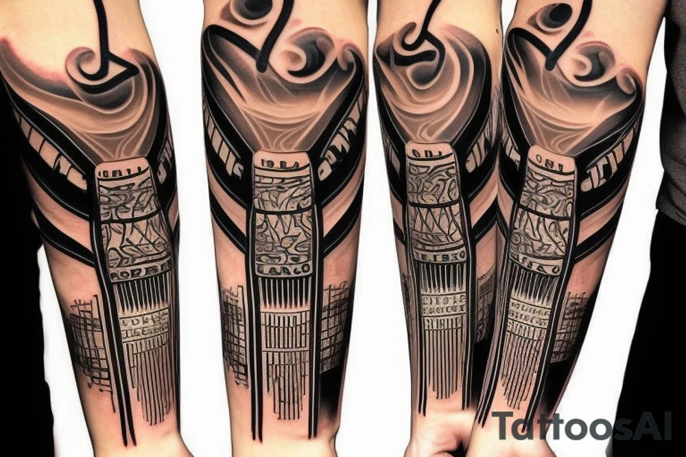 Grand piano and music themed arm sleeve tattoo idea