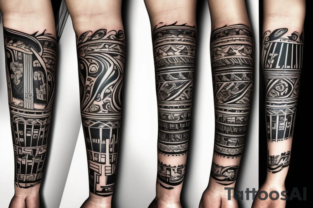 Grand piano and music themed arm sleeve tattoo idea
