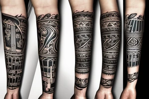 Grand piano and music themed arm sleeve tattoo idea