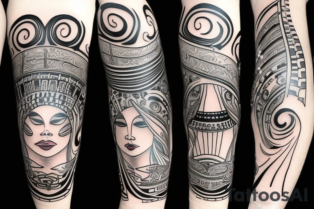 Grand piano and music themed arm sleeve tattoo idea