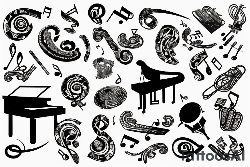 Grand piano, clefs, musical staves and music themed arm sleeve tattoo idea