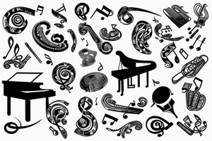 Grand piano, clefs, musical staves and music themed arm sleeve tattoo idea
