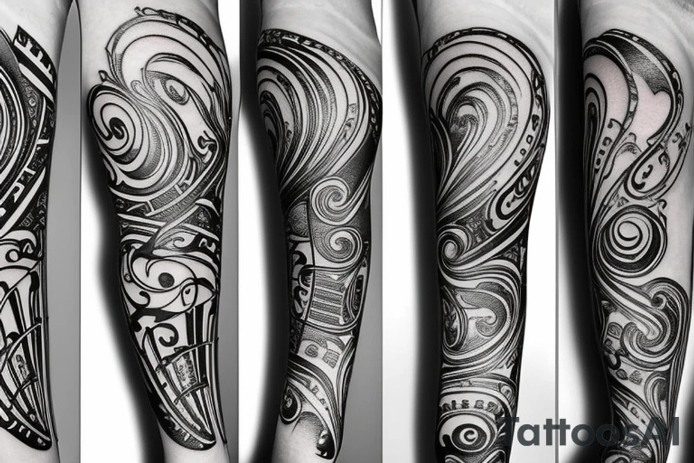 Grand piano, clefs, musical staves and music themed arm sleeve tattoo idea