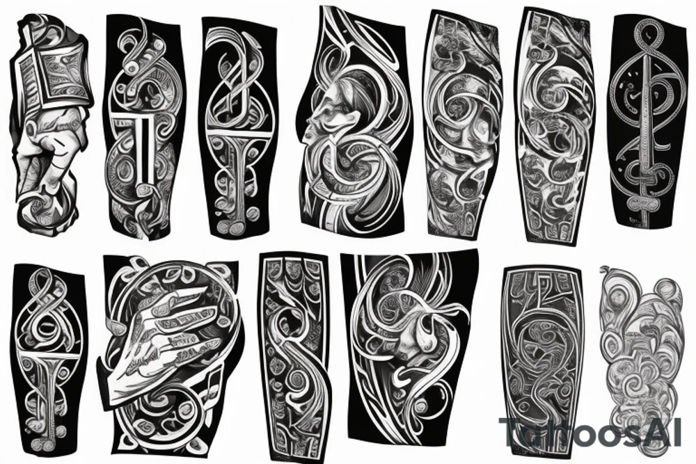 Grand piano, clefs, musical staves and music themed arm sleeve tattoo idea
