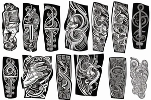 Grand piano, clefs, musical staves and music themed arm sleeve tattoo idea