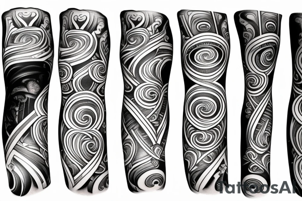 Grand piano, clefs, musical staves and music themed arm sleeve tattoo idea