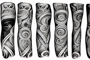 Grand piano, clefs, musical staves and music themed arm sleeve tattoo idea