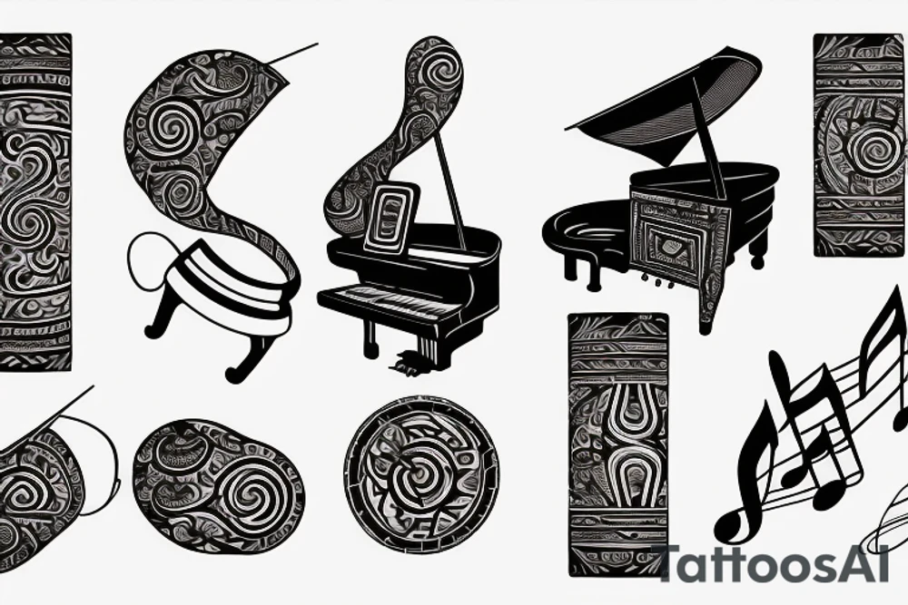 Grand piano, musical staves and music themed arm sleeve tattoo idea