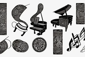Grand piano, musical staves and music themed arm sleeve tattoo idea