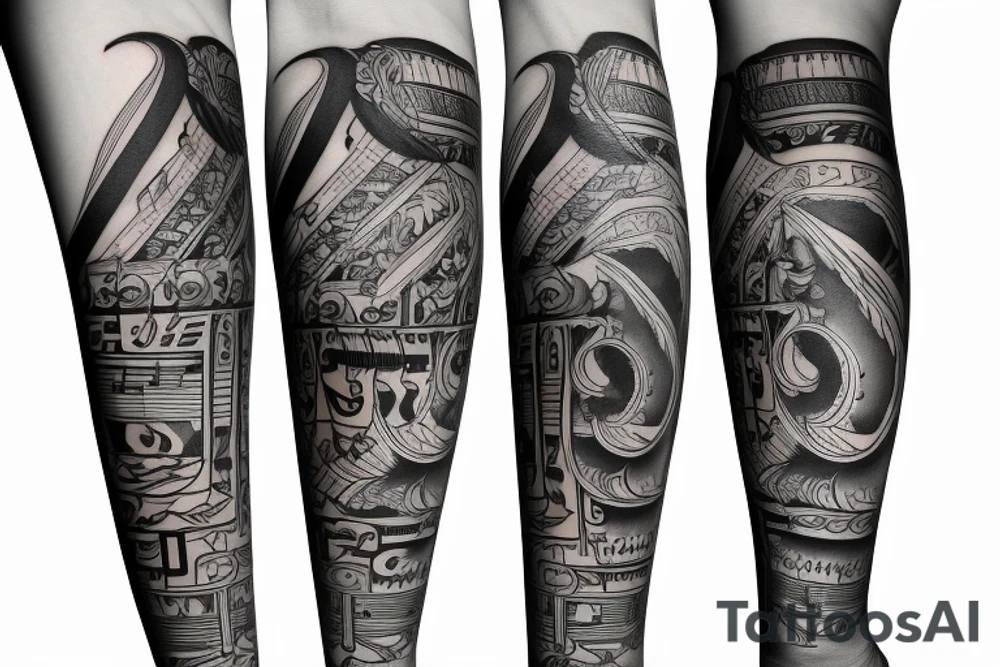 Grand piano, musical staves and music themed arm sleeve tattoo idea