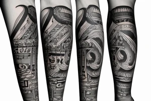 Grand piano, musical staves and music themed arm sleeve tattoo idea