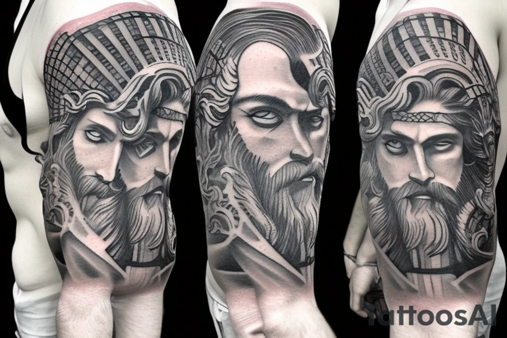 Poseidon in battle sleeve tattoo idea