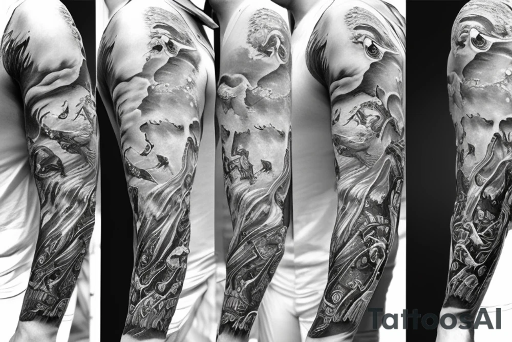 Poseidon in battle sleeve tattoo idea
