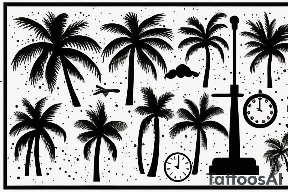 Palm trees, beach, sun, with clock, and abstract scatter plot tattoo idea