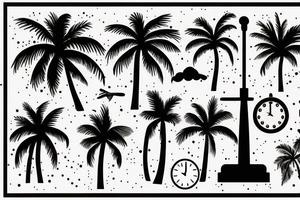 Palm trees, beach, sun, with clock, and abstract scatter plot tattoo idea