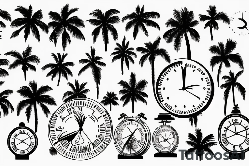 Palm trees, beach, sun, with clock, and abstract scatter plot tattoo idea